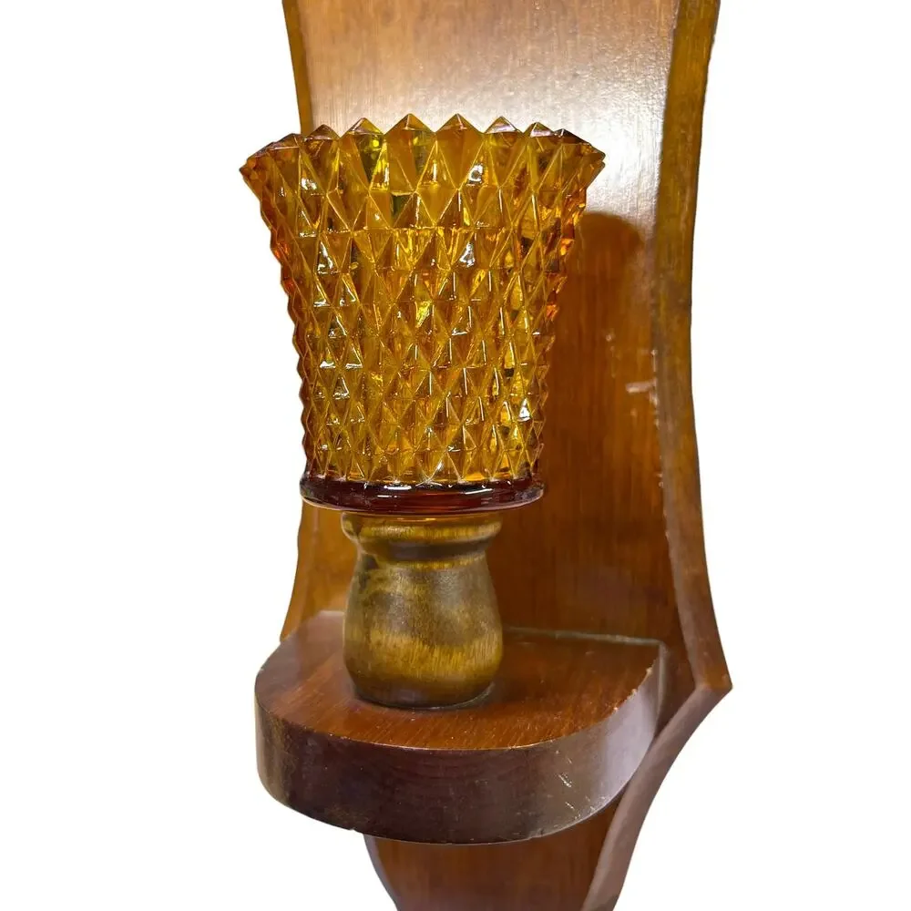 Vintage Single Wood Wall Sconce Amber Glass Votive Candle Holder MCM Decor